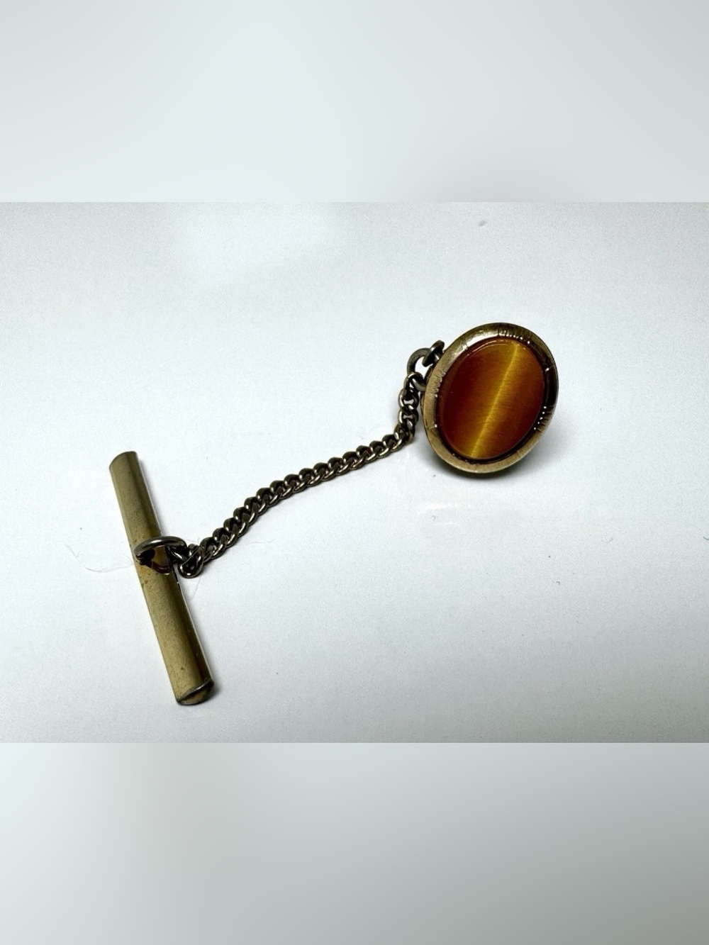 Gold Tone Tie Tack 1.5 Inch Oval Tiger's Eye Brown Stone Men's Accessory #1547